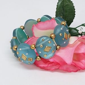 Blue Textured Lucite Statemen Bracelet Stretch Rhinestone Bracelet
